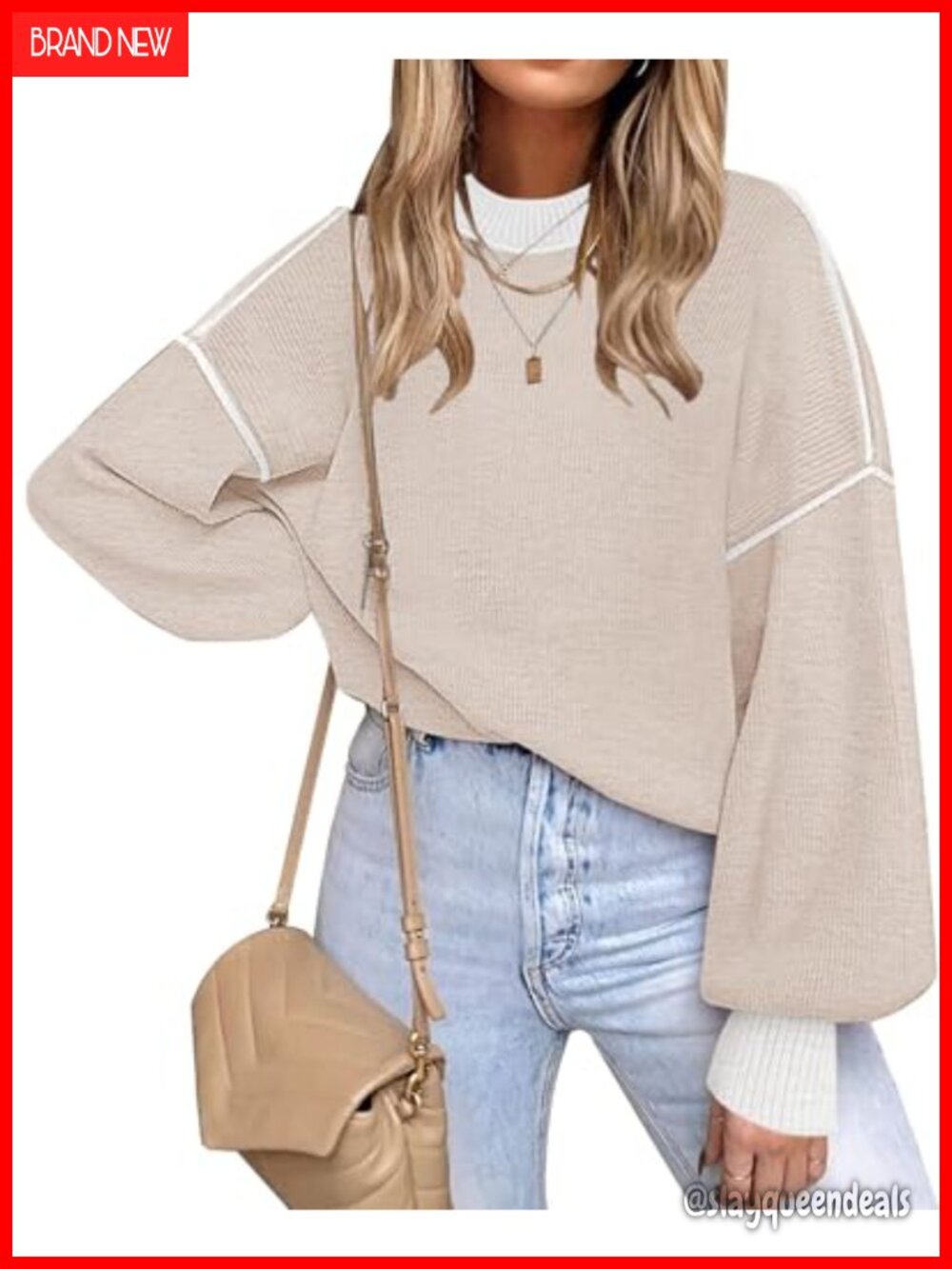 Womens Oversized Knit Pullover Sweater Long Sleeve Ribbed Cuff Crew Neck